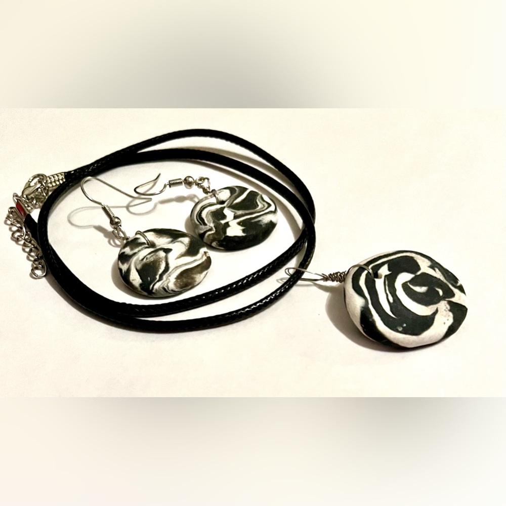 Black and White Necklace and Earrings Set Handmade Unique